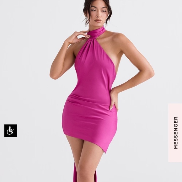 House of CB Aida HOT PINK ASYMMETRIC WRAP NECK DRESS size small - Picture 4 of 10